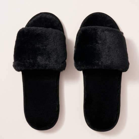 Black Furry Slippers Slides - FashionFunPop