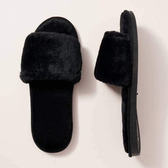 Black Furry Slippers Slides - FashionFunPop