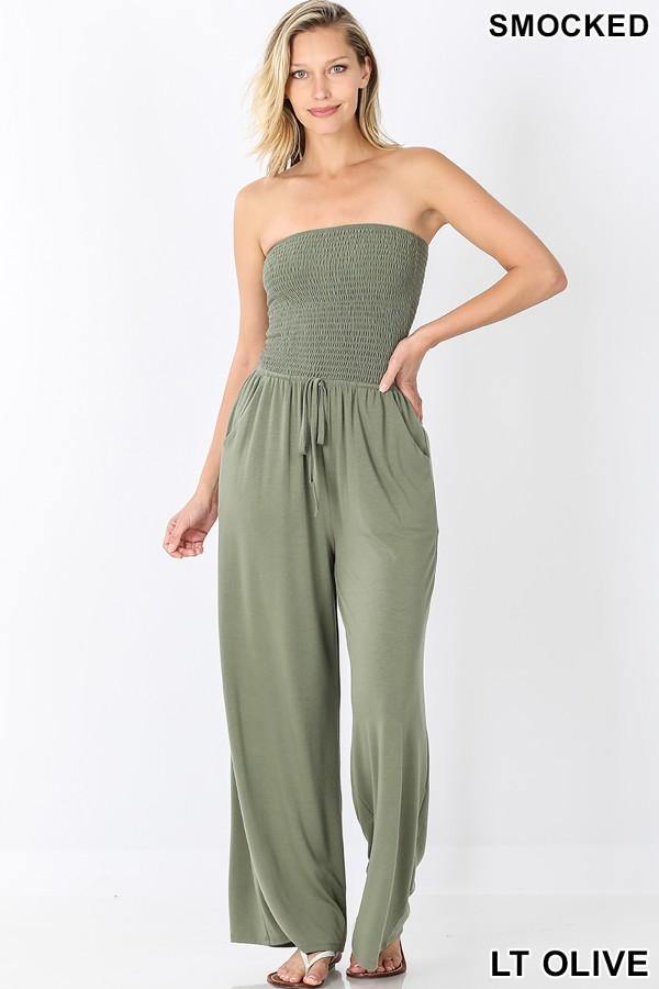 Smocked Jumpsuit, Light Olive S Smocked Jumpsuit, Light Olive S