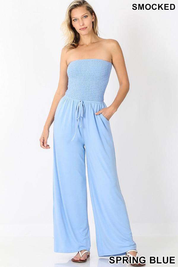 Smocked Jumpsuit, Light Olive - FashionFunPop