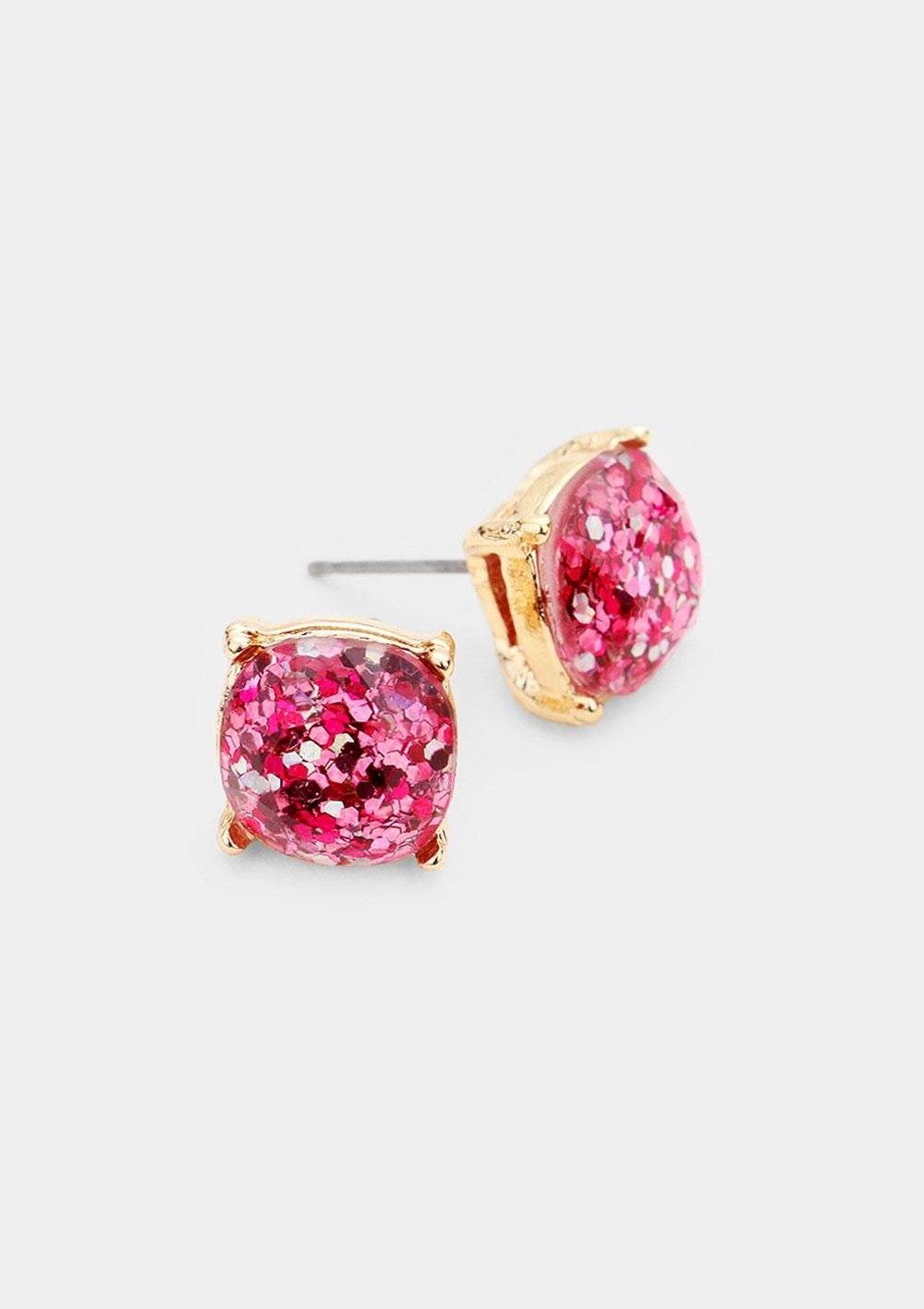 Glitter Square Stud Earrings, Fuchsia - FashionFunPop