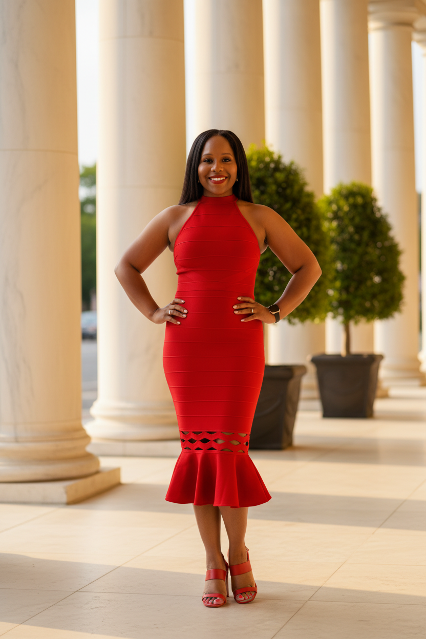 Trumpet Red Dress - Hispanic Model with Exact Dress