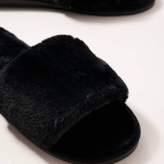 Black Furry Slippers Slides - FashionFunPop